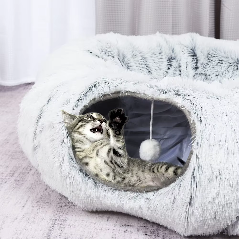 New Arrival Plush Cat Tunnel Bed Foldable Two-in-One round Warmth Pet Nest Thickened Cozy Cuddly Cat Hideaway